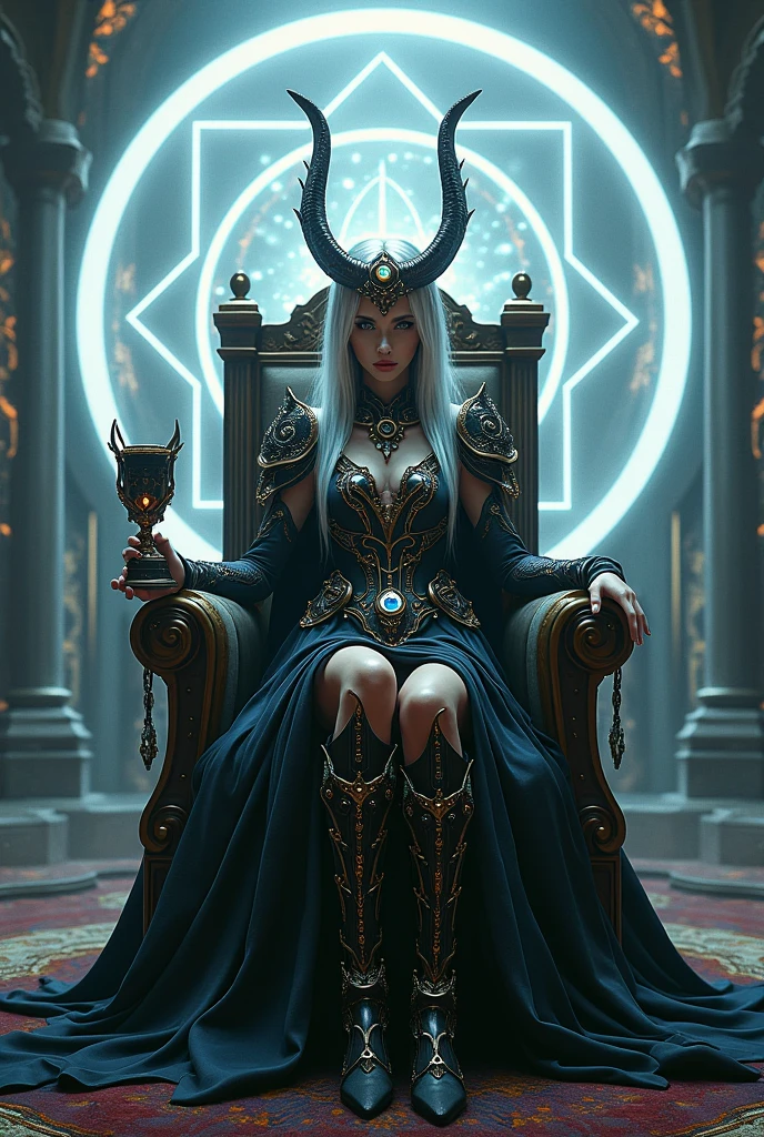 The Demon Lord woman is a majestic figure, exuding power and authority. His presence is imposing, wrapped in armored armor that glitters with a grim glow. The armor is made of a sturdy black metal, decorated with intricate details reminiscent of flames and thorns, giving it an intimidating appearance. She occasionally glows with a mystical aura, revealing the Lord's demonic nature.
Sitting on an imposing throne, carved from volcanic rocks, the Demon Lord assumes a regaled posture. The throne is adorned with skulls and bones, evidencing its connection to the underworld. The back of the throne resembles outstretched black wings, highlighting his position as ruler of the shadows.
Around the Demon Lord, the environment is dark and oppressive. The setting is a throne chamber carved into the bowels of an erupting lava mountain, with blazing flames illuminating the rough walls and rocky ceiling above. The air is charged with a dense and heavy atmosphere, as if a sinister presence permeates the whole place.
A servant, dressed in a dark and elegant dress, approaches the Demon Lord with a glass of wine on a silver platter. Her face shows a mixture of fear and awe as she offers the cup. The servant is careful in her movement, aware of the Demon Lord's unpredictable nature. His footsteps are silent, as if to avoid disturbing the aura around the powerful figure who rules the realm of darkness.
As the servant holds out the cup, the Demon Lord reaches out a gloved and delicate hand to pick it up. Her piercing eyes, glistening with a deep red, meet those of the servant for a brief moment. The servant retreats, overwhelmed by the presence of the Demon Lord, and walks away silently, remaining vigilant as she continues to perform her duties.
The scene depicts a dynamic of power and submission, where the Demon Lord establishes herself as a supreme force, while her servant bows to her commands.