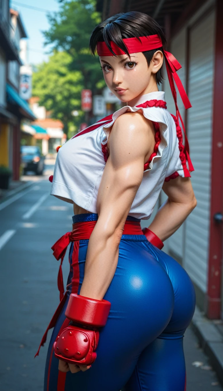 Chun Li, Street Fighter at a street market in Beijing. beautiful, young, athletic, sexy, big tits, huge ass, narrow waist ((dynamic pose))),