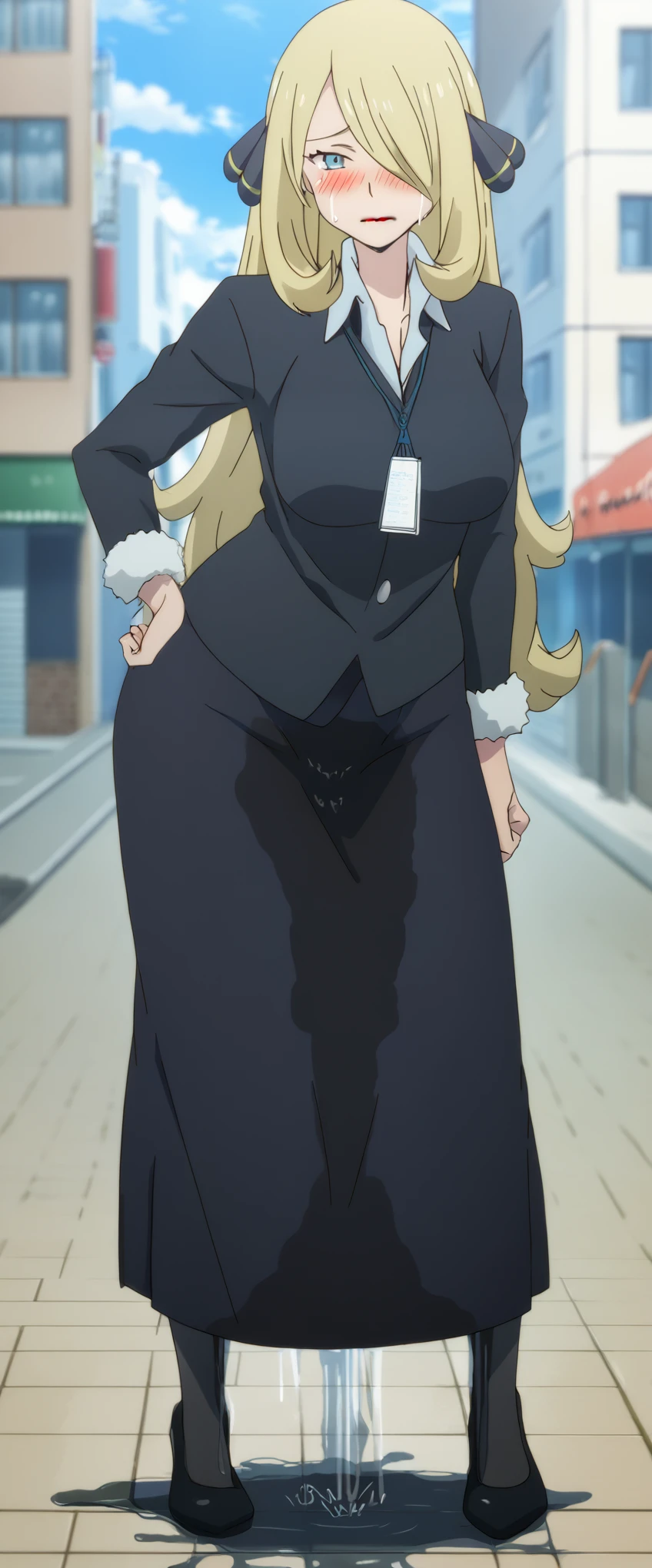 (high quality,Very detailed:1.37, High resolution), 2d, anime, anime style, anime source, Woman, Cynthia \(Pokemon\), slender, business suit, necktie, (long skirt:1.25), (pencil skirt:1.5), pantyhose, huge breasts, cleavage, looking at viewer, masterpiece, best quality, (wetting self:1.5), desperation, embarrassed, humiliation, (blushing:2.0), (black lipstick:1.25), standing, one hand on hip, city