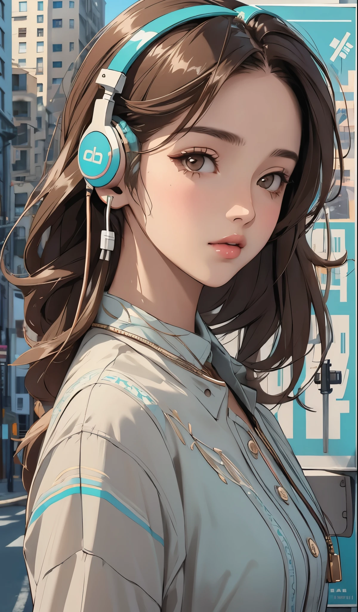 model girl wearing headphones, city background, brown eyes, intricate details, aesthetically pleasing pastel colors, poster background,