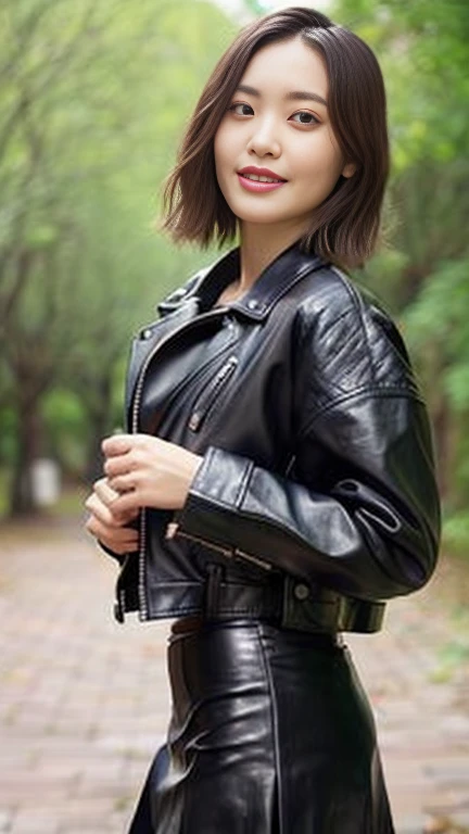 最high quality, 8k, Vibrant, Sharp focus, high quality, High resolution, Middle-aged women, Mature Woman, 5, (Full Body Ezbian), (High heels face detail, Highly detailed eyes, Plump figure、Plump face、((big 1.6))、((Black leather clothing))、garden、Random Hairstyles、A kind smile、Very short hair、(Standing posture、Leather skirt、leather jacket、Leather Fashion)、