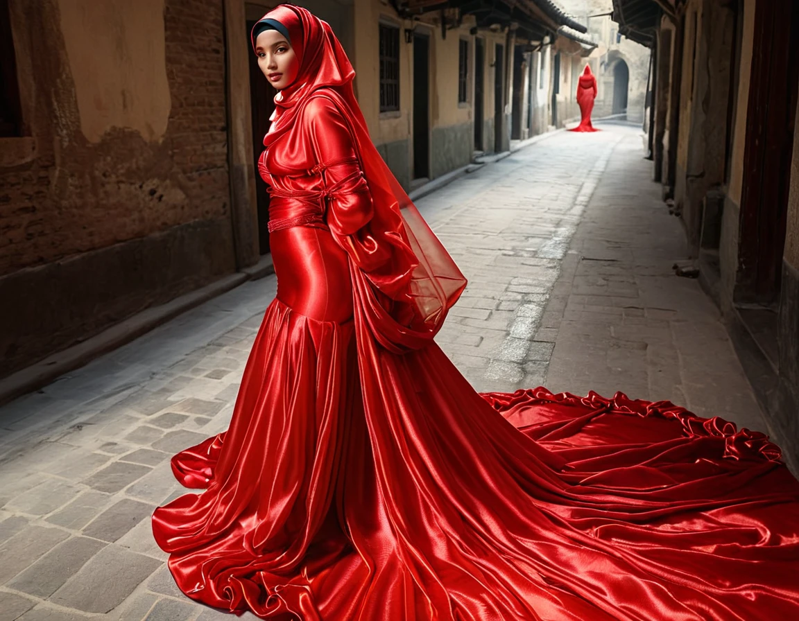 A woman shrouded in a 10-meter-long, plush red semi transparent satin shimmer cloth, tightly bound and grandly draping along the form of her body, poof style on the bottom outfit, flowing off into a pooled floor-length train, styled in a mermaid-inspired outfit, her head modestly veiled in a satin hijab, tall woman, walking in traditional vilage road, a full-body pose conveying a sense of mysterious elegance, captured in a 4k resolution, ultra-realistic