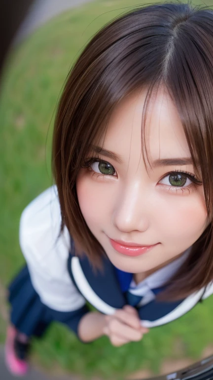 One Girl, (Beautiful girl, Delicate girl:1.3), (:1.3), (school uniform, Seraphim:1.3), Very beautiful eyes, (Symmetrical eyes:1.3),  (Lush green park:1.3), Perfectly manicured fingers, break, Small breasts, Brown eyes, Brown Hair,  (There is detail in the eyes and face:1.0), (masterpiece, Highest quality, Super detailed, Detailed face, 8k)Highest quality, masterpiece, Ultra-high resolution,8k, (Realistic:1.6), (Make up Portrait:1.4) RAW Photos、Soft looking breasts((Upfacial)),((k-popアイドルメイク)),One Girl,(smile, Showing teeth)),((}}Look up at the listener)),Face Focus:1.4,((Photographed from above with a fisheye lens:1.4)),Realistic lighting effects,