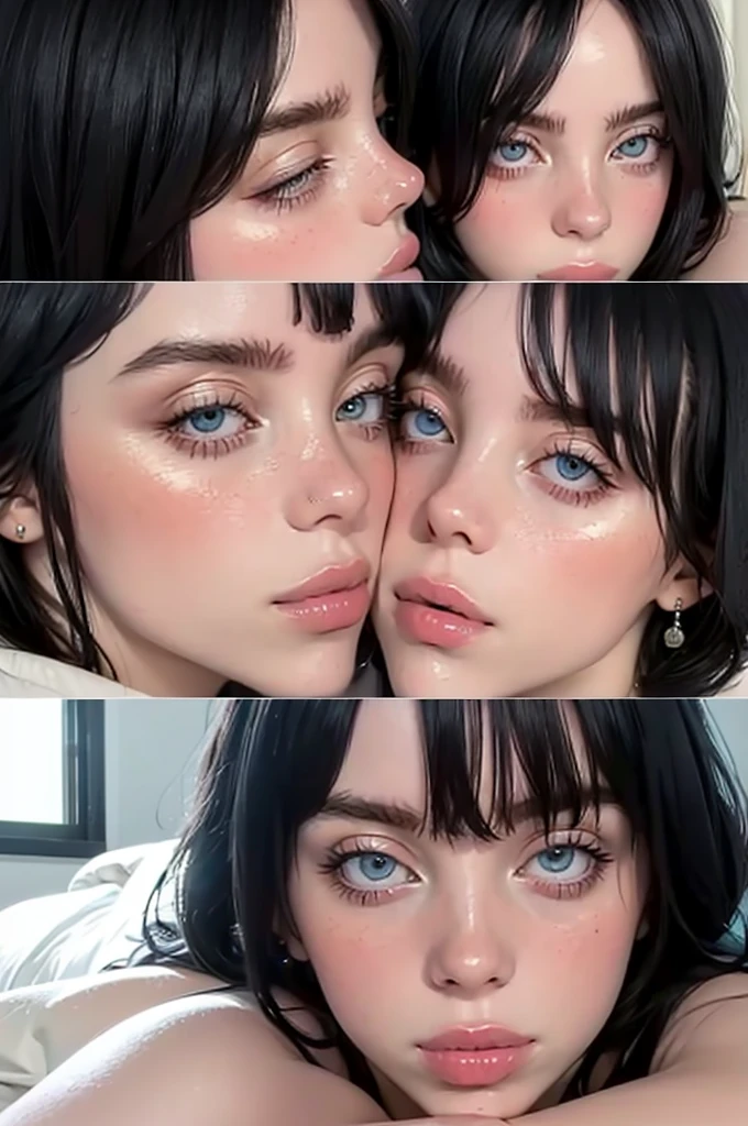 ((masterpiece)), ((best quality)), (detailed), perfect, solo, billieeilish, a woman, gorgeous woman, luscious lips, black hair, blue eyes, ((extremely detailed eyes)), eyes closing, deep cleavage, sexy, large breasts, (two heads, conjoined_dicephalus), (kissing:1.4), ((wearing nothing)), blushing, extremely aroused, lying on a couch on her side, (close-up),  falling asleep, yawning, ((focus on faces:1.3)), ((cheeks rubbing together))