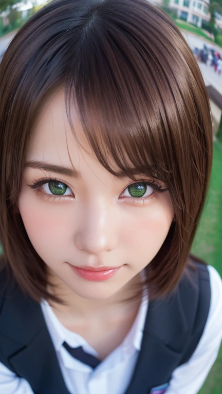 One Girl, (Beautiful girl, Delicate girl:1.3), (:1.3), (school uniform, Seraphim:1.3), Very beautiful eyes, (Symmetrical eyes:1.3), (Lush green park:1.3), Perfectly manicured fingers, break, Small breasts, Brown eyes, Brown Hair, (There is detail in the eyes and face:1.0), (masterpiece, Highest quality, Super detailed, Detailed face, 8k)Highest quality, masterpiece, Ultra-high resolution,8k, (Realistic:1.6), (Make up Portrait:1.4) RAW Photos、Soft looking breasts((Upfacial)),((k-popアイドルメイク)),One Girl,(smile, Showing teeth)),((}}Look up at the listener)),Face Focus:1.4,((Photographed from above with a fisheye lens:1.4)),Realistic lighting effects,