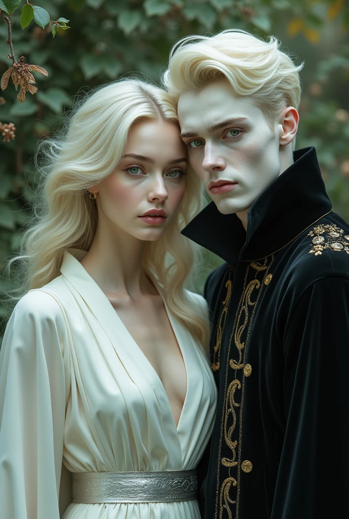 1girl, blonde hair, stand and her behind there's a handsome boy wearing black robe