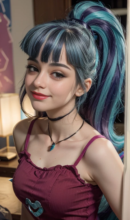 Photo of a 18 year-old American girl, .raw, beautiful woman  , cabello largo color blue turqueza ((portrait)), ((detailed face:1.2)), ((Detailed facial features)), (Piel finamente detallada) , Eyes color.blue , 、a sexy one(color fresco), wet, wet, Reflectoreasutepiece) (proporciones perfectaotos realistas)(The best quality) (detailed) fotografiado con una EOS R5 de Canon, 50mm lens, f/2.8, NffSW, (8k) (wallpaper) (cinematic lighting) (Dramatic lighting) (sharp focus) (Convoluted) big breasts , big breasts , Whole body , beautiful teenage body  ,cute makeup , big smile , Red lips. mlp , Sonata Dusk  , dynamic photo , pose sexy , Mall , evening , smug smile , purple clothes , spiked bracelets , cabello largo color blue turqueza con mechas color morado, Whole body , foto de Whole body , my little pony Equestria girls , she has a necklace with a ruby , ropa de pelicula my little pony Rainbow rocks