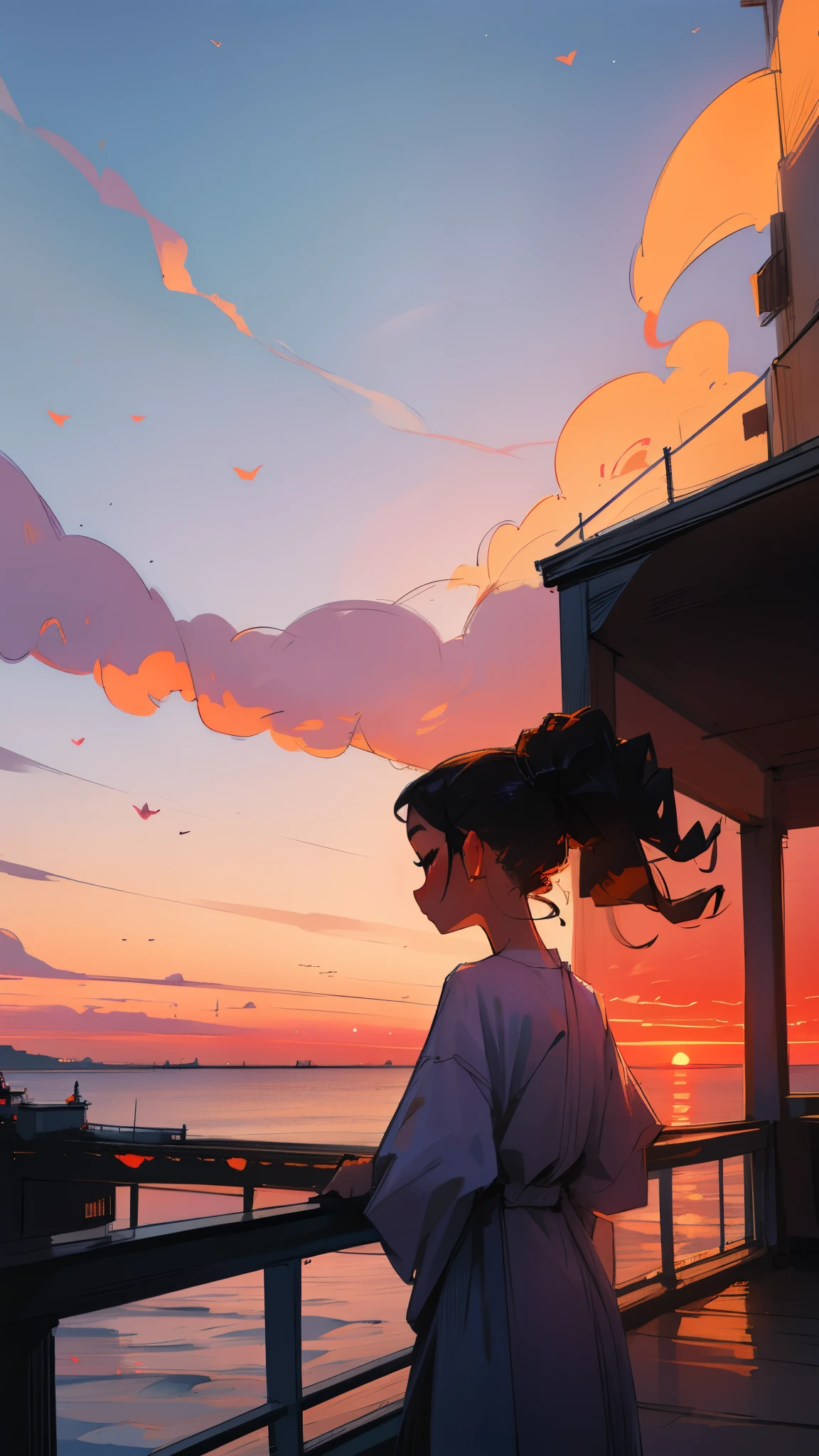 Sunset, balcony view, back view of a woman, long hair, (detailed), (4k),