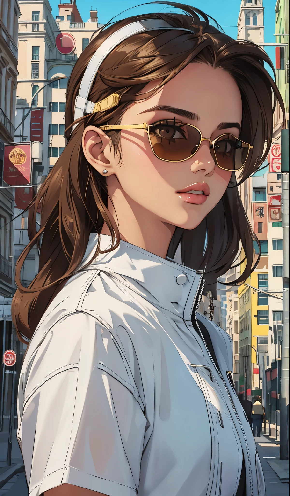 model girl wearing visor sunglasses, city background, brown eyes, intricate details, aesthetically pleasing pastel colors, poster background,