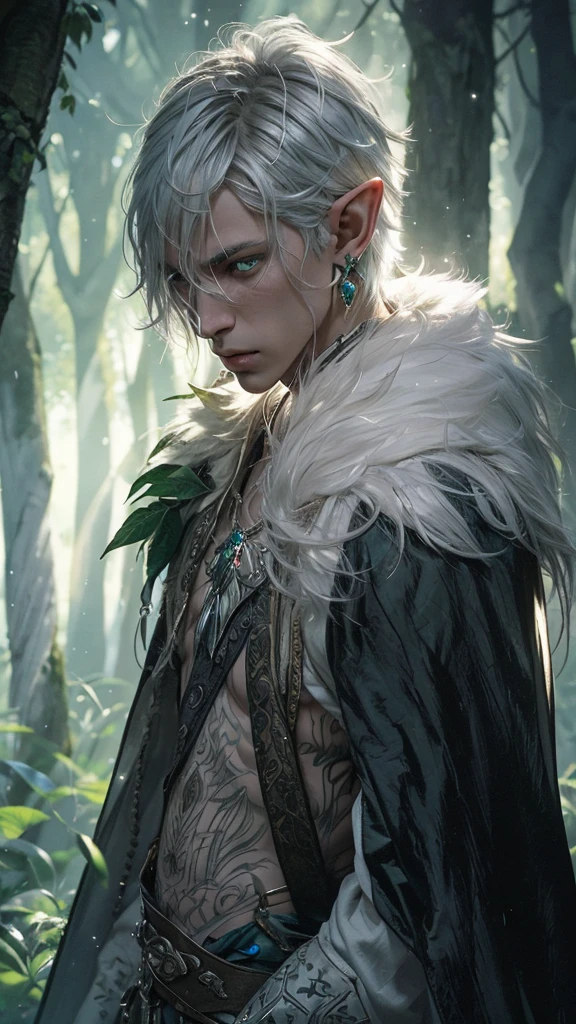 Exactly, High details, high quality, Hyper detailed, hyper realism, male elf, pointed ears, silver white hair, emerald eyes, green crystal earrings 