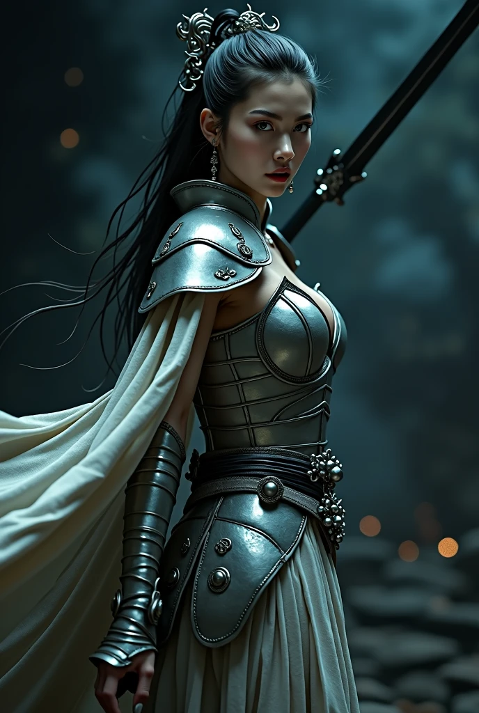 1girl, high quality,masterpiece,8k,ultra-detailed,cinematic lighting,dramatic lighting,dramatic pose,powerful,imposing,muscular build,serious expression,piercing eyes,sharp features,exquisite details,refined features,elegant,flowing robes,ornamental sword,battle-worn,gritty,fantastical,editorial illustration style,monochromatic,white and gray tones,loish