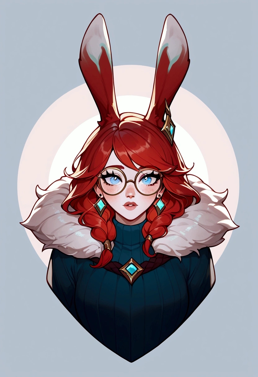 score_9, score_8_up, score_7_up, Aurora (League of Legends), 1 girl, blue eyes, red hair, freckles, bunny ears, round glasses, sexy, full body, Harry Potter dress, squinted eyes, earrings, long eyelashes, sexy, big bust, beautiful face,