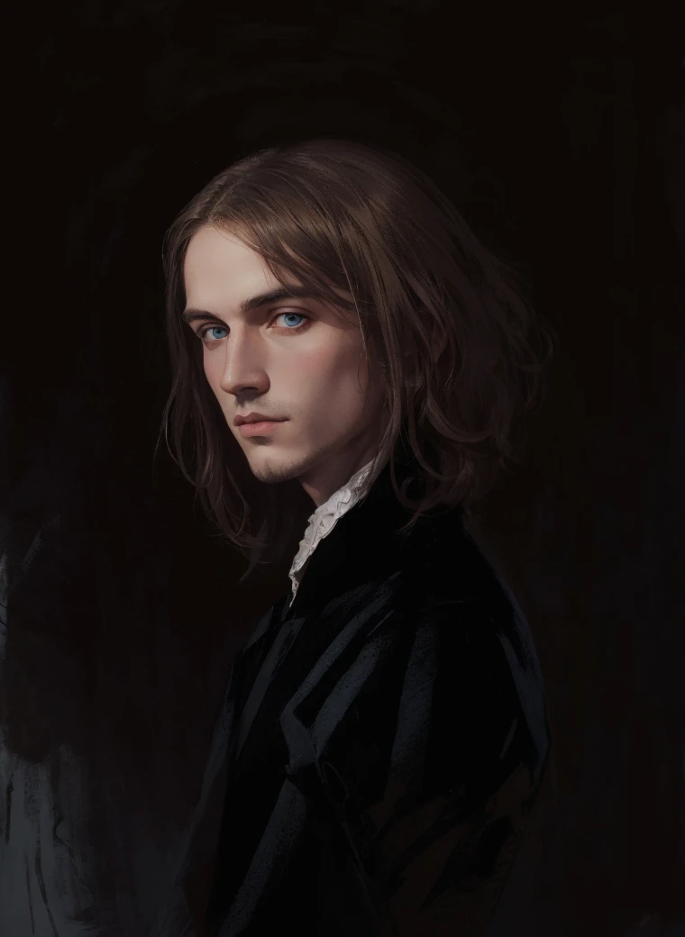 Portrait of Christopher Marlowe as student, white skin, piercing icy blue eyes, silky golden-brown hair, refined features, charp jawline, clean shaved, black Elizabethan velvet jerkin, white laced shirt, Art Nouveau style, Mucha style, Mucha background, realism, high quality1 девочка, 1 девочка, Высокое разрешение, Точность, Высокая детализация, Голландский угол, 