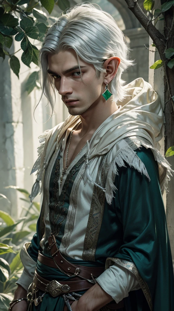 Exactly, High details, high quality, Hyper detailed, hyper realism, young male elf, pointed ears, silver white hair, emerald eyes, green crystal earrings, white silk shirt