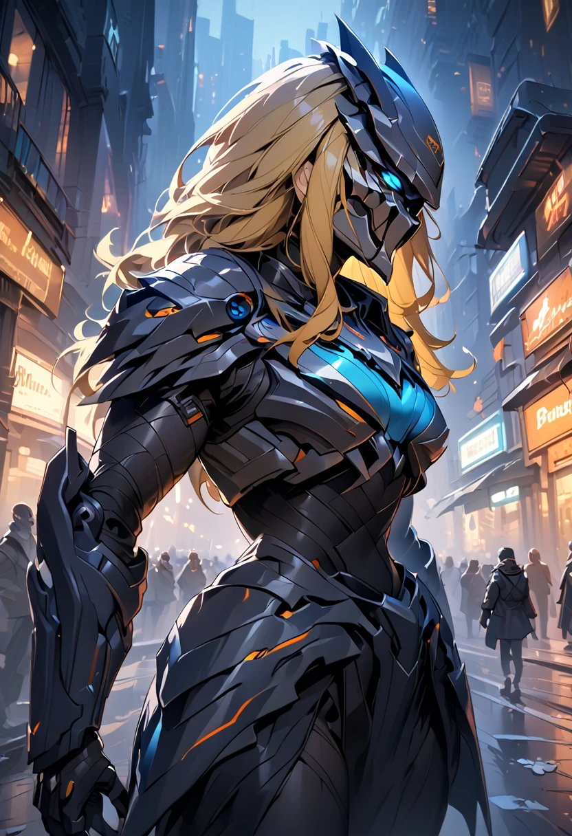 Masterpiece 8k,gorgeous  woman, [blonde hair, blue colored eyes, detailded, realisitic, digitl art, octane rendering, dark predator armor, city at night, skulls in armor, blades in the arms