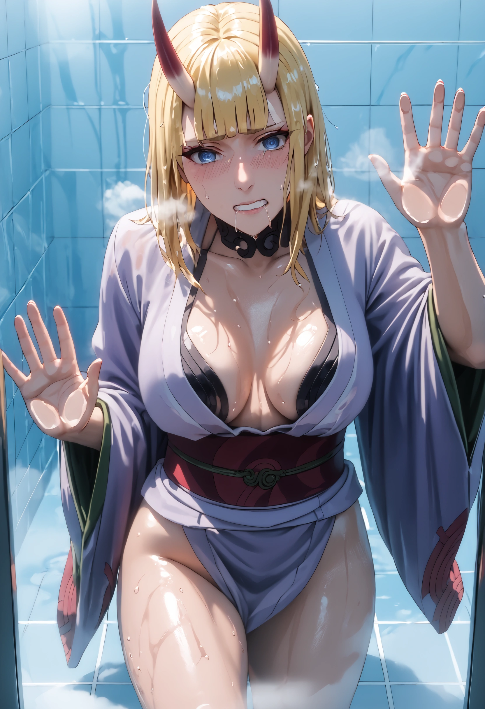 score_9, score_8_up, score_7_up, samui, blonde hair, medium hair, blunt bangs, blue eyes, hollow eyes, BREAK detailed eyes, beautiful eyes, perfect eyes, assertive female, (perfect hands, perfect anatomy), detailed skin texture, (blush:0.5), (goosebumps:0.5), excessive sweating, sweating profusely, sweating drop BREAK, shutendoujicosplay, shuten douji \(fate\) \(cosplay\), skin-covered horns, purple kimono, revealing clothes, open kimono, oni, kimono, breasts apart, wide sleeves BREAK, teeth, in a hot shower stall, face against glass, one leg raised, cheek against glass, running water, steam, grunting, wet skin, forced pleasure, steam vapor, fog, medium breasts, mature body, excessive pubic hair peek, nsfw, blush face, perfect face, clenched teeth, hearts, pleasured, notice line, shivering, drooling, gasping, wet hair,