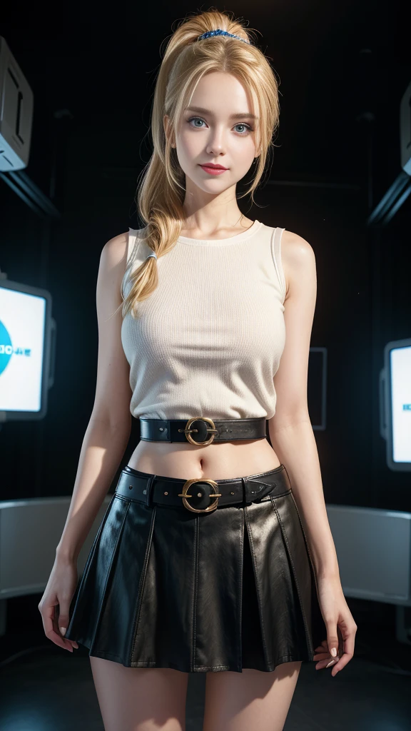 ((RAW photo), absurd, (absurdresolution)), masterpiece, best quality, (Extremely detailed 8k unity CG wallpaper, CGSoation trend,), (gorgeous 2 girl, beautiful, slim, lolita, smiling), Beautiful (sci-fi:1.3), elegant looking at the camera, (sky blue eyes, sharp pupil, realistic), (beautiful blonde hair, showing forehead, with sparkles, ponytail), (crimson lips, makeup), (wearing casual clothes, sleeveless, short skirt, belt below the waist), illuminated glass box, (front view, embarrassed pose, Photographic Perspective). «SunPuma S»