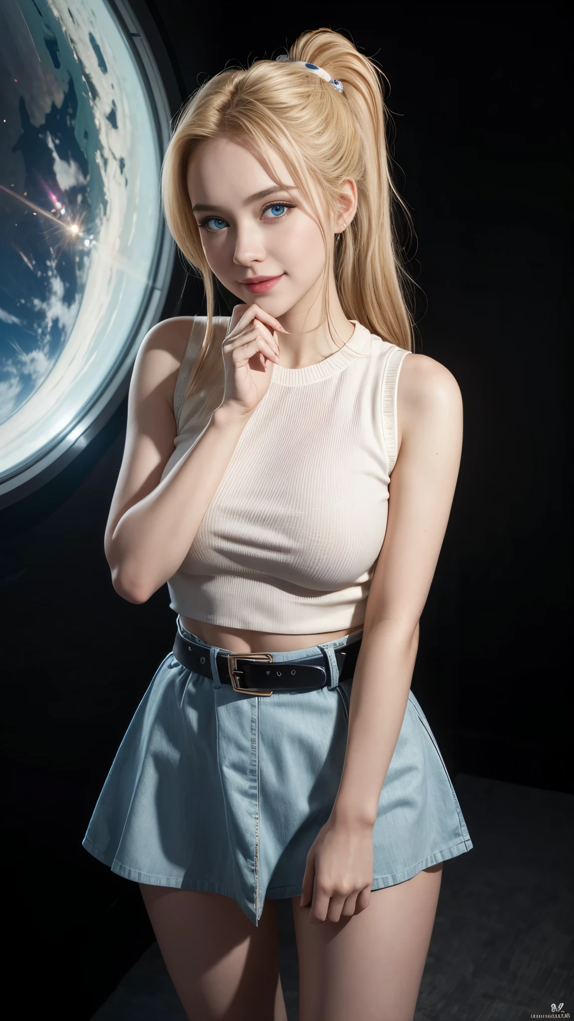 ((RAW photo), absurd, (absurdresolution)), masterpiece, best quality, (Extremely detailed 8k unity CG wallpaper, CGSoation trend,), (gorgeous 2 girl, beautiful, slim, lolita, smiling), Beautiful (sci-fi:1.3), elegant looking at the camera, (sky blue eyes, sharp pupil, realistic), (beautiful blonde hair, showing forehead, with sparkles, ponytail), (crimson lips, makeup), (wearing casual clothes, sleeveless, short skirt, belt below the waist), illuminated glass box, (front view, embarrassed pose, Photographic Perspective). «SunPuma S»