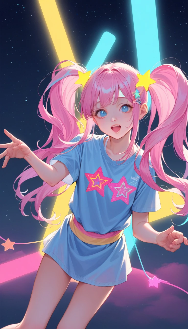 score_9_superior, score_8_superior, score_7_superior, score_6_superior, One girl, alone, pastel colour, 【Open your mouth, Long Hair, star , (symbol), star Hair accessories, Hair accessories, Twin tails, Make eye contact, blue eyes, pastel neon lighting, sauce_anime, neon, neon theme , Swimwear