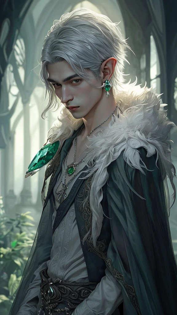 Exactly, High details, high quality, Hyper detailed, hyper realism, young male elf, silver white hair, emerald eyes, green crystal earrings, white silk shirt, shorth hair, jewellery, long pointed ears, 