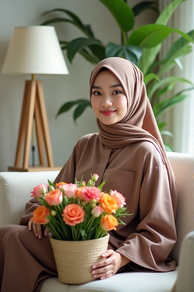 a beautiful Indonesian woman, 30 years old, wearing a kimono-like gamis dress with a dark brown floral motif. light brown patterned hijab. Sitting on a long soft white sofa. Facing the camera and Smiling thinly
with a background of a room full of flowers looks very romantic. A mirror dan windows.  realistic 5D 8K