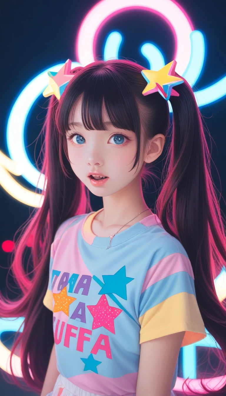 score_9_superior, score_8_superior, score_7_superior, score_6_superior, One girl, alone, pastel colour, 【Open your mouth, Long Hair, star , (symbol), star Hair accessories, Hair accessories, Twin tails, Make eye contact, blue eyes, pastel neon lighting, sauce_anime, neon, neon theme , Swimwear