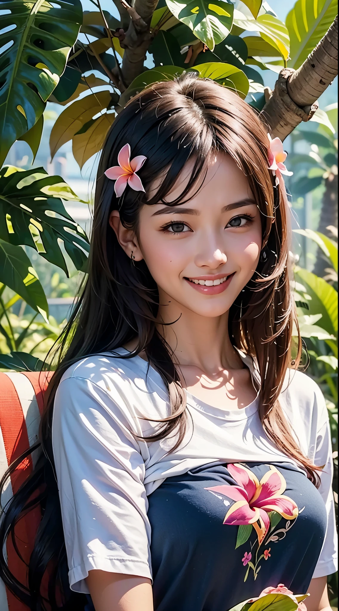 Thai woman wearing plumeria flower design t-shirt and jean shorts, smiling, surrounded by lush tropical foliage. Splash art. Delicate, intricately detailed plumeria flowers in her hair, multicolored locks flowing.