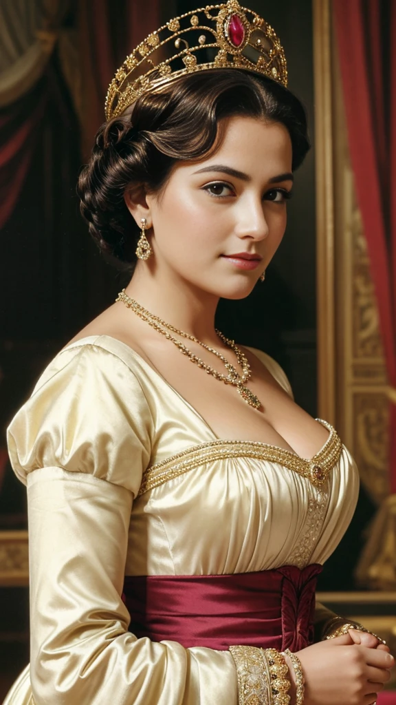queen chubby, photo vintage, visage feminin parfait, , tache de rousseur, 1888, big huge breasts : 48H,FRONT VIEW, Rembrandt LIGHT , EXTREME LONG V-NECK, BIG CLEAVAGE, BEAUTIFUL EYES, BEAUTIFUL HANDS, LIGHT SMILES, PERFECT FACE, tres long décolleté, CASTLE BACKGROUND, QUEEN, NECKLACE, RING, JEWELERY RICH, SFW, FULL BODY, COLORFUL, JAPANESE , ROYAL lingerie, GIANT