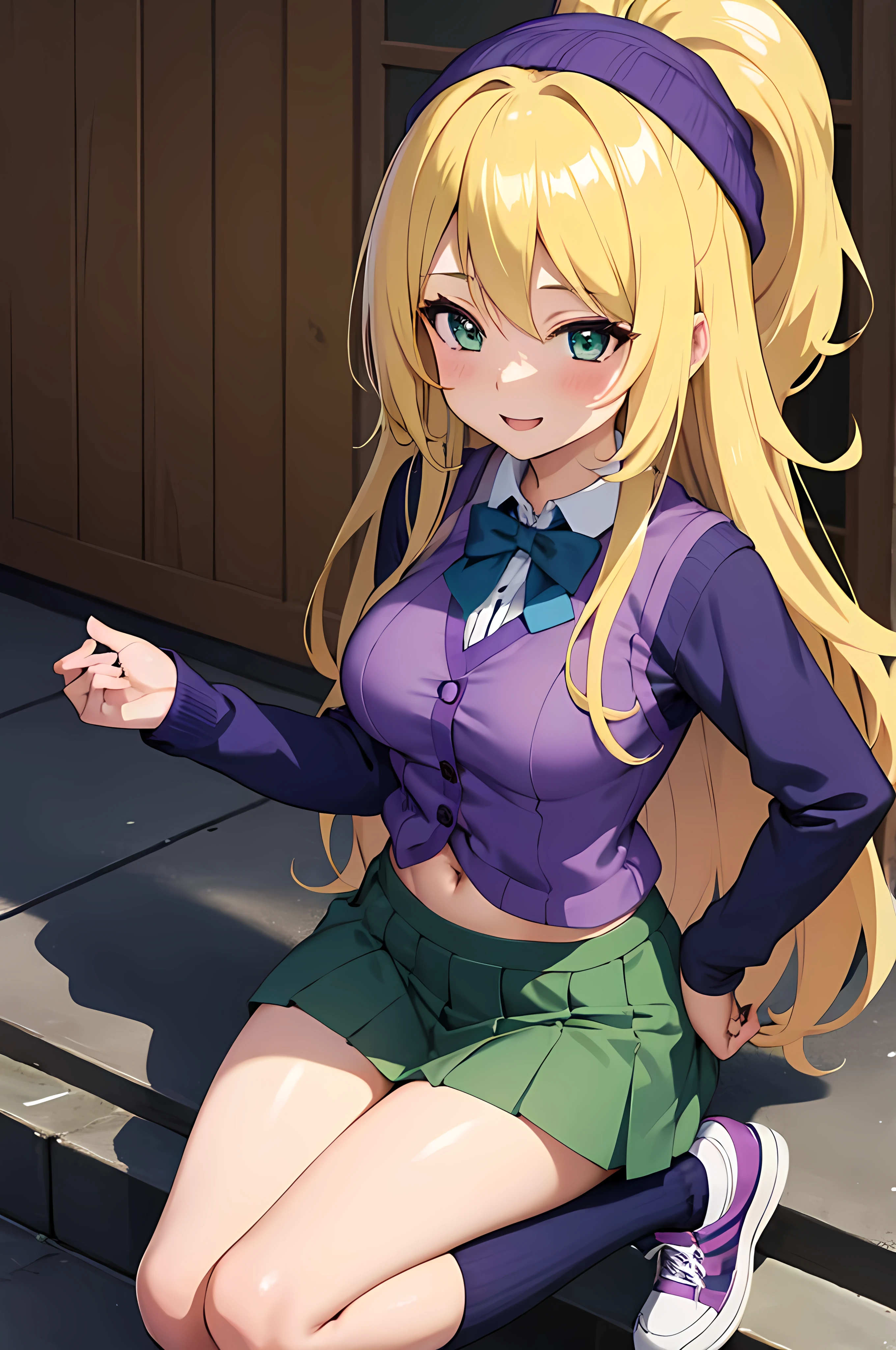 (masterpiece, best quality, detailed) ,1girl,izumi orimoto,green eyes ,(long blonde hair:1.2), purple beanie, purple vest, blue white striped shirt, long purple socks, purple vest, striped shirt, navel shirt,  denim skirt. sneakers, seated, cute anime girl, pretty anime girl, smooth anime cg art, beautiful anime girl, attractive anime girl, ecchi anime style, seductive anime girl.teasing smile, clean detailed anime art,high resolution, (perfect hands, perfect anatomy),