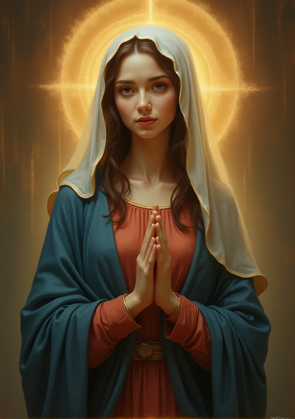 A very beautiful and realistic photo of the Virgin Mary, Reddish beige tunic, Blue cloak and veil, Halo, Clear facial features with crisp, realistic detail, Sony FE, 35mm, Cinema Lighting, Attention to detail, UHigh resolution, high quality, High resolution, 8k, 16K