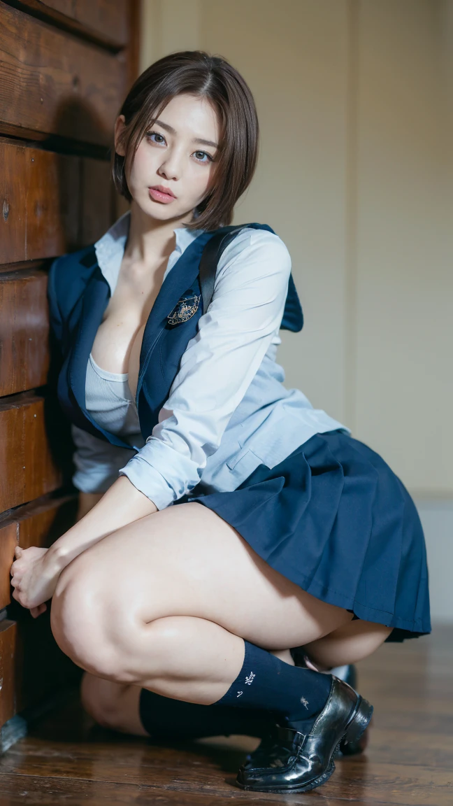 Jill Valentine in her high school uniform、Age 25、Beautiful bare legs、Big Breasts、Big Ass、Brown Hair、Very short hair、High resolution、8k、A dull smile、erotic、bite、Plump body、height: 175cm、Body shot of the goddess in the movie,Unreal Engine Characters、Navy color blazer、Micro Mini Skirt、Navy color socks、loafers、Pussy