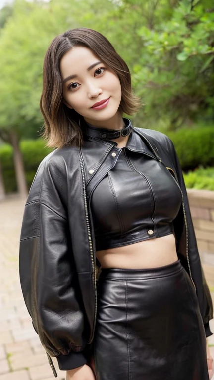 最high quality, 8k, Vibrant, Sharp focus, high quality, High resolution, Middle-aged woman, Mature Woman, 5, (Full Body Ezbian), (High heels face detail, Highly detailed eyes, Plump figure、Plump face、((big 1.6))、((Black leather clothing))、garden、Random Hairstyles、A kind smile、Very short hair、(Standing posture、Leather skirt、leather jacket、Leather Fashion)、