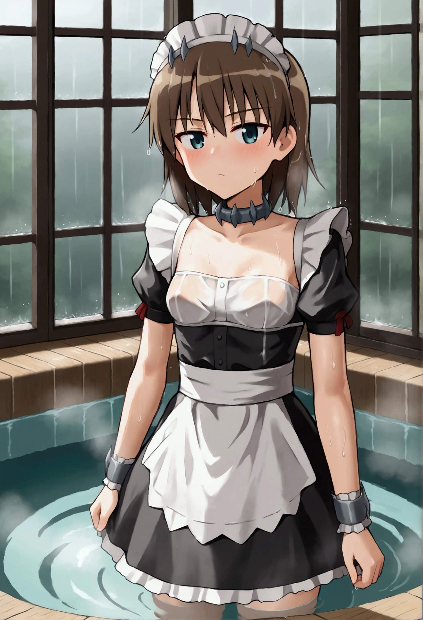 (8k, Highest quality, Anime Style, View your viewers, Intricate details:1.3),(One woman, Strike Witches Gertrud Barkhorn, Small breasts, I can see the valley), (Maid clothes, Sweating, The whole body is visible, Being hit by rain, Soaking wet)