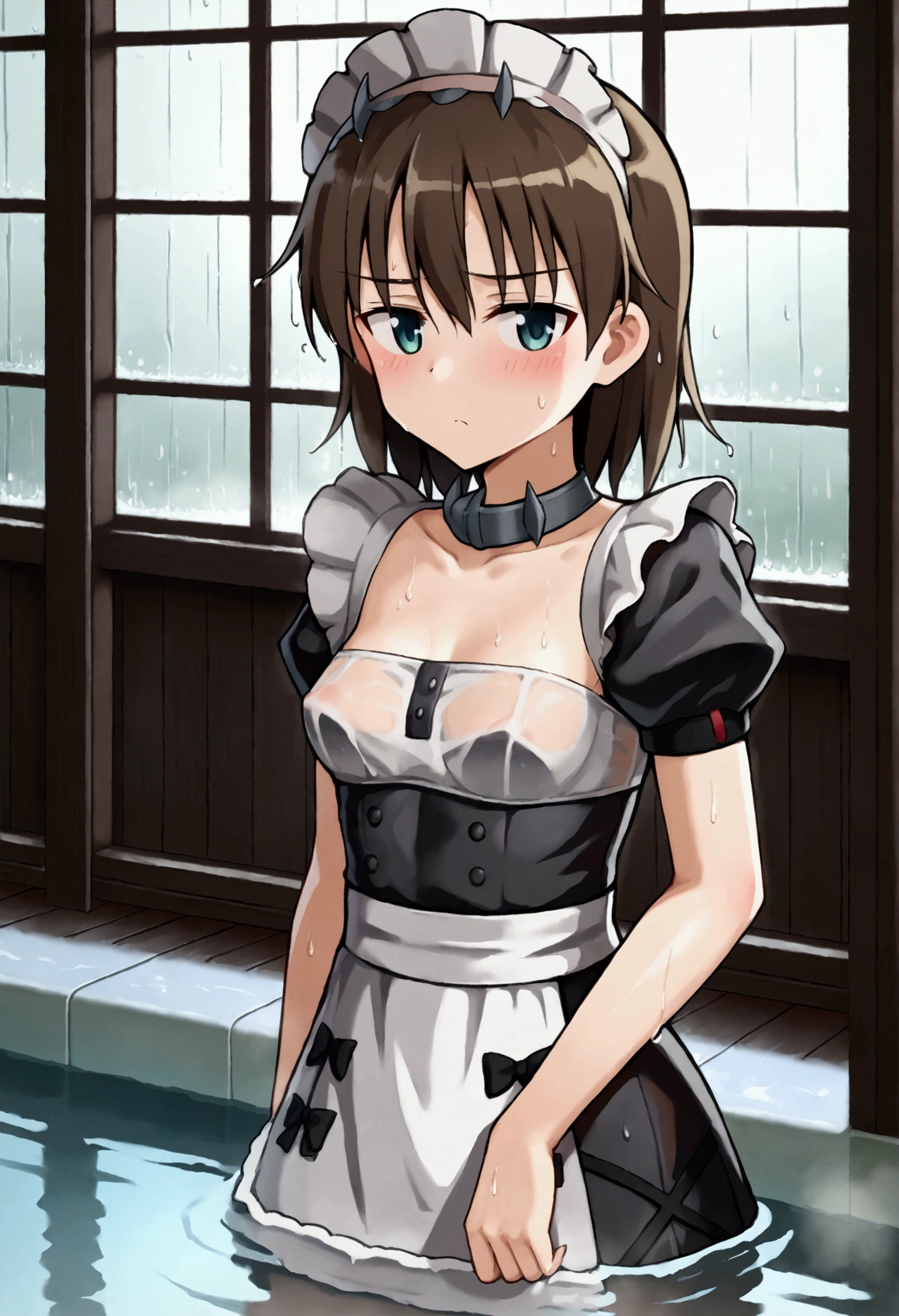 (8k, Highest quality, Anime Style, View your viewers, Intricate details:1.3),(One woman, Strike Witches Gertrud Barkhorn, Small breasts, I can see the valley), (Maid clothes, Sweating, The whole body is visible, Being hit by rain, Soaking wet)