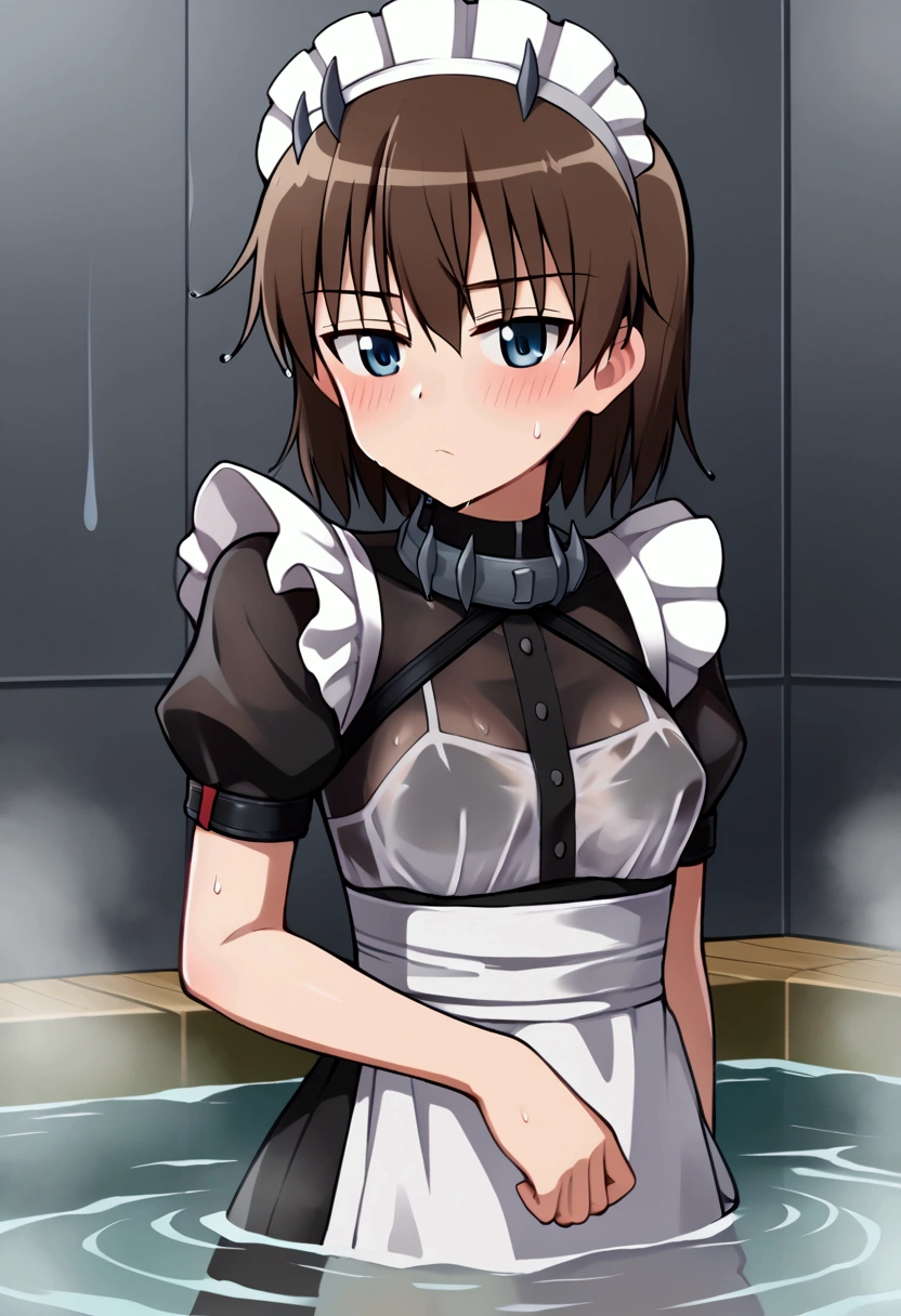 (8k, Highest quality, Anime Style, View your viewers, Intricate details:1.3),(One woman, Strike Witches Gertrud Barkhorn, Small breasts, I can see the valley), (Maid clothes, Sweating, The whole body is visible, Being hit by rain, Soaking wet)