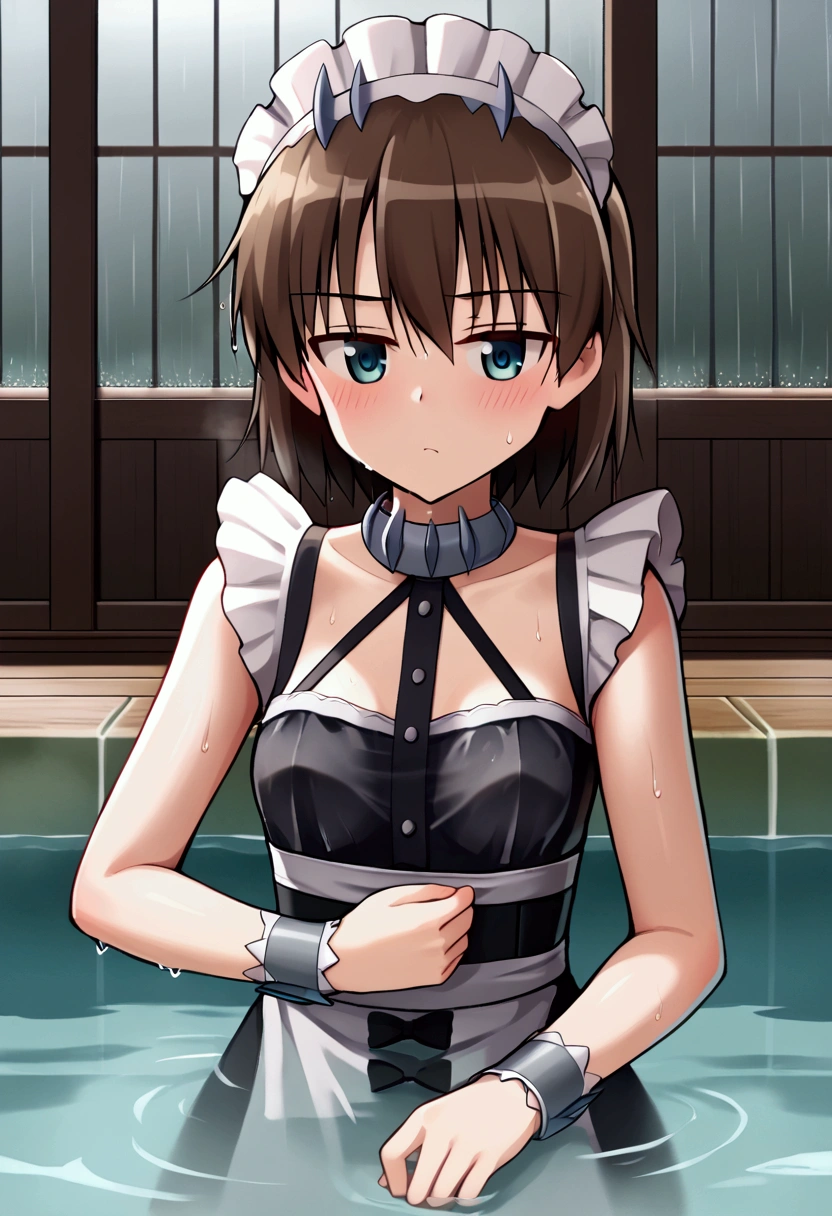 (8k, Highest quality, Anime Style, View your viewers, Intricate details:1.3),(One woman, Strike Witches Gertrud Barkhorn, Small breasts, I can see the valley), (Maid clothes, Sweating, The whole body is visible, Being hit by rain, Soaking wet)