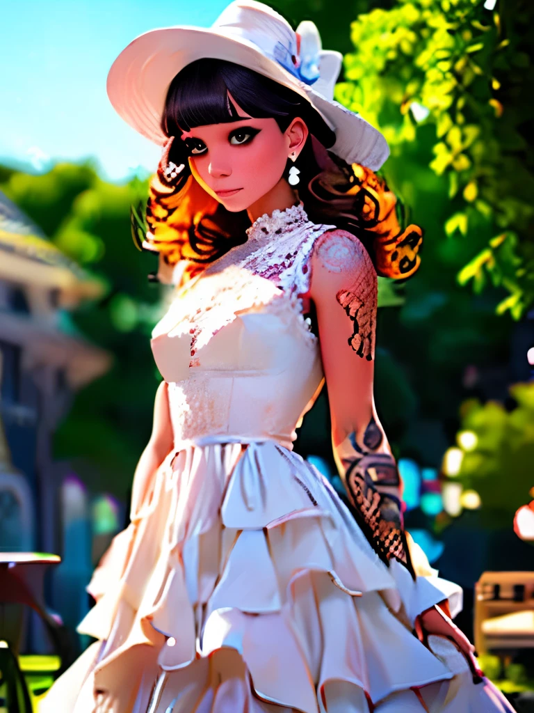 curly hair with two-tone color, white ruffled hat, sleeveless white lace dress, lace material, earrings, side-swept bangs, standing pose, looking slightly down, tattoos visible on arms, outdoor setting, blurred natural background, soft lighting, light from the front, romantic and dreamy atmosphere, shallow depth of field, slightly overexposed.