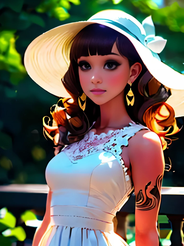 curly hair with two-tone color, white ruffled hat, sleeveless white lace dress, lace material, earrings, side-swept bangs, standing pose, looking slightly down, tattoos visible on arms, outdoor setting, blurred natural background, soft lighting, light from the front, romantic and dreamy atmosphere, shallow depth of field, slightly overexposed.