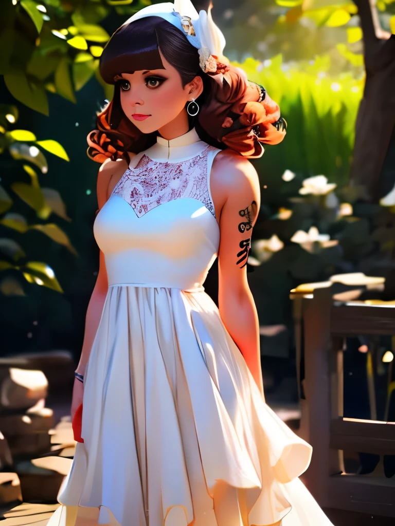 curly hair with two-tone color, white ruffled hat, sleeveless white lace dress, lace material, earrings, side-swept bangs, standing pose, looking slightly down, tattoos visible on arms, outdoor setting, blurred natural background, soft lighting, light from the front, romantic and dreamy atmosphere, shallow depth of field, slightly overexposed.