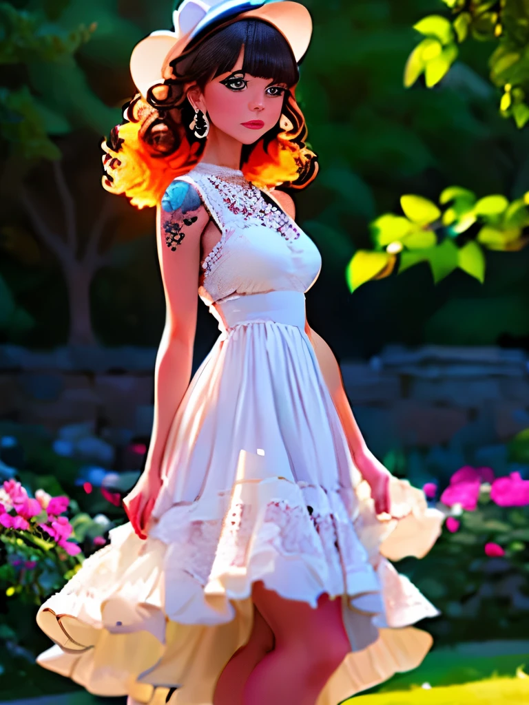 curly hair with two-tone color, white ruffled hat, sleeveless white lace dress, lace material, earrings, side-swept bangs, standing pose, looking slightly down, tattoos visible on arms, outdoor setting, blurred natural background, soft lighting, light from the front, romantic and dreamy atmosphere, shallow depth of field, slightly overexposed.