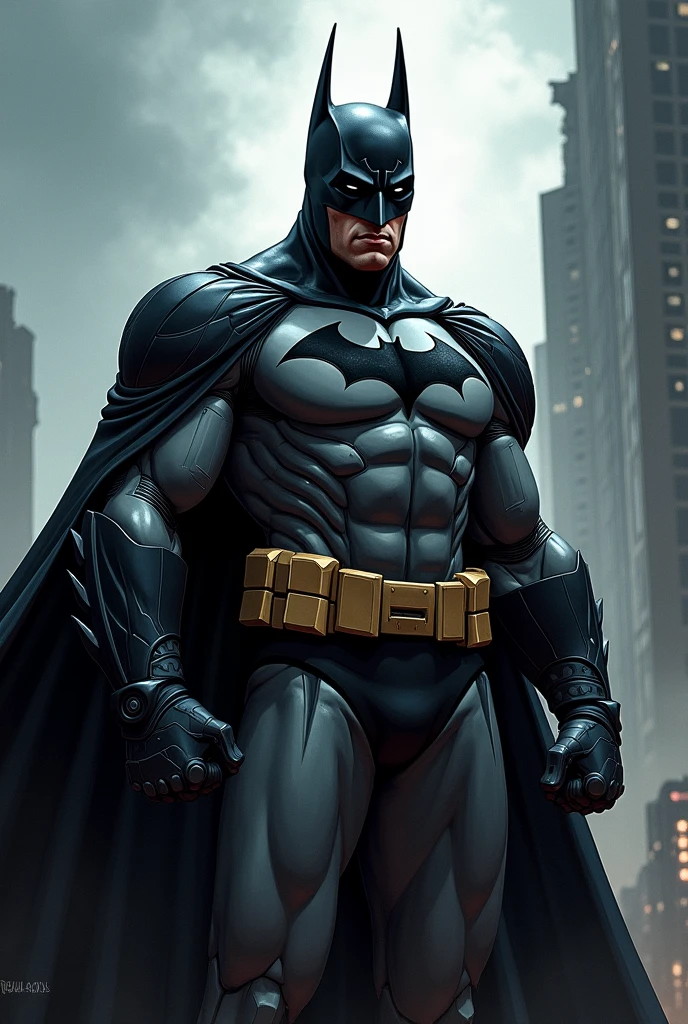 from above, muscular batman in hi-tech armor standing on gargoyle statue, looking away, torn cape, night, storehouse building, particles, fog
