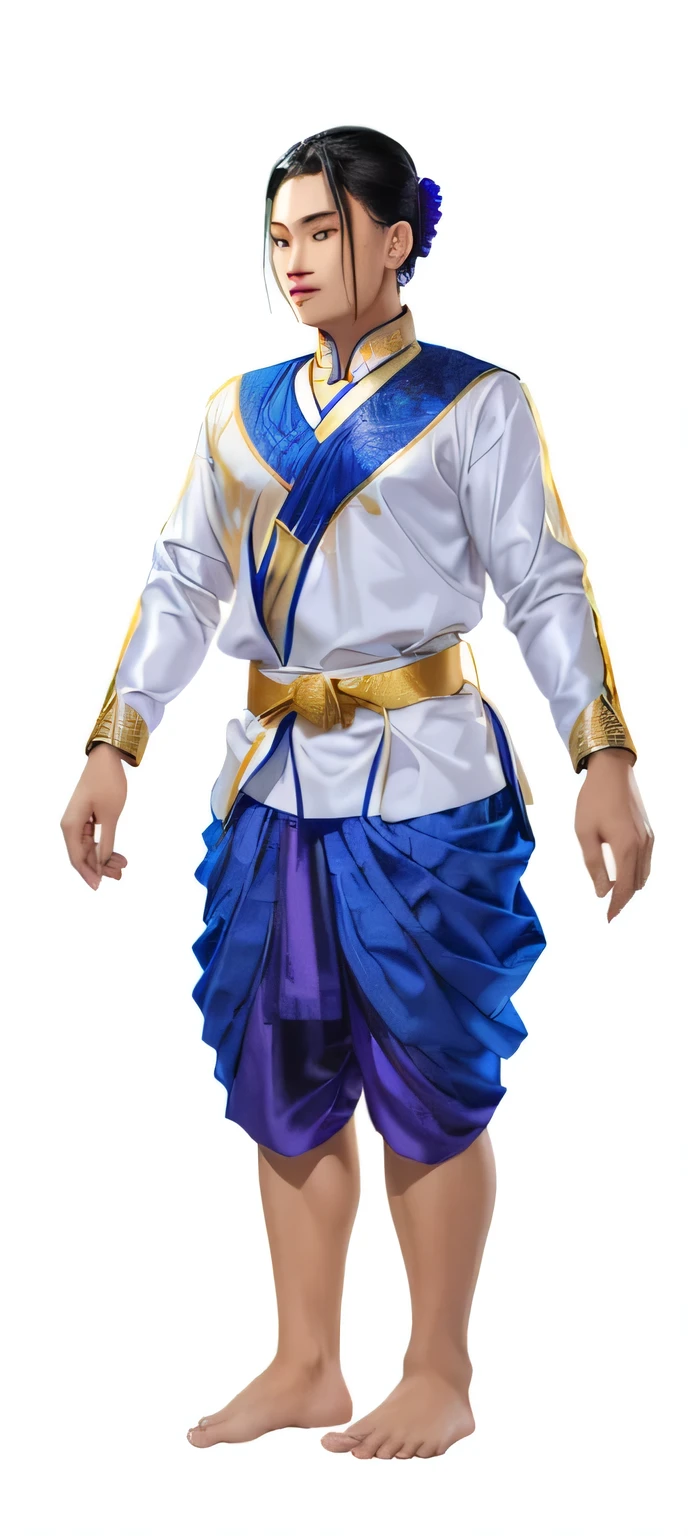 khmer Traditional outfit featuring a white long-sleeved top with blue accents and gold detailing, paired with purple draped pants. The attire includes a yellow belt with intricate designs and cuffs with similar golden patterns. The person stands barefoot.