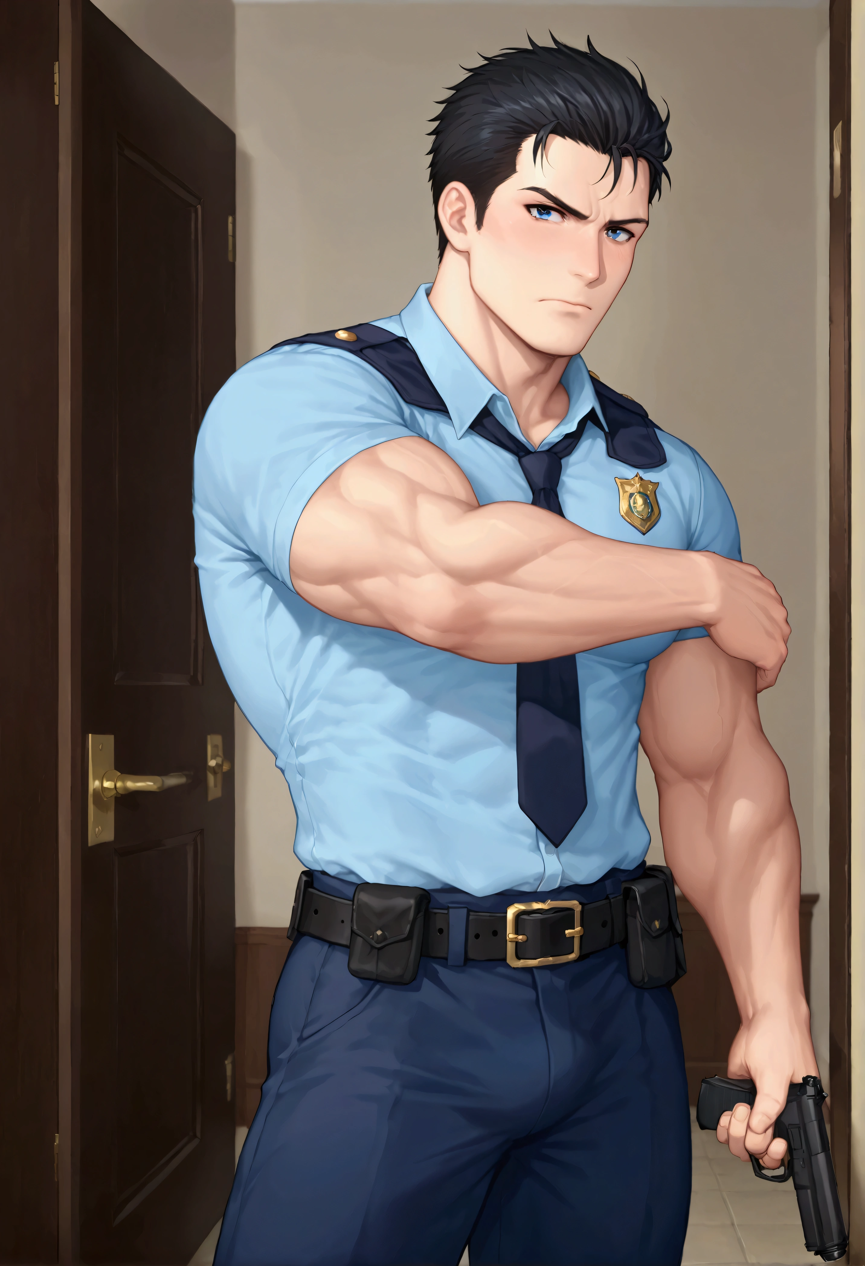 Police chief Man in his 30's, man is tall bulkey and super buff, man has a large buff frame, detailed muscles, wearing a distinguished police chief uniform, holding a 9MM handgun in a breaching stance, intense angry expression, has black hair, man is about to break down a door, man has a taser on his belt.