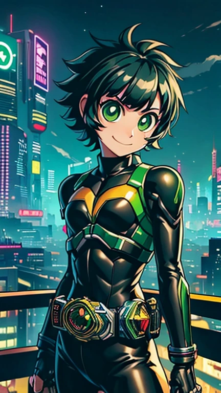 (8k),(masterpiece),(Japanese),(1girl),((ppgzkor)),((Kamen_Rider, green)),From the front, upper body, Cowboy shot, close up, smile,cute,Innocent,Kind eyes, Flat chest, (green eyes, bright pupil, black hair, short hair), city-scene-aso, night,dark, Neon light, LED, building , landscape, avenue, cyberpunk city, vivid colors 