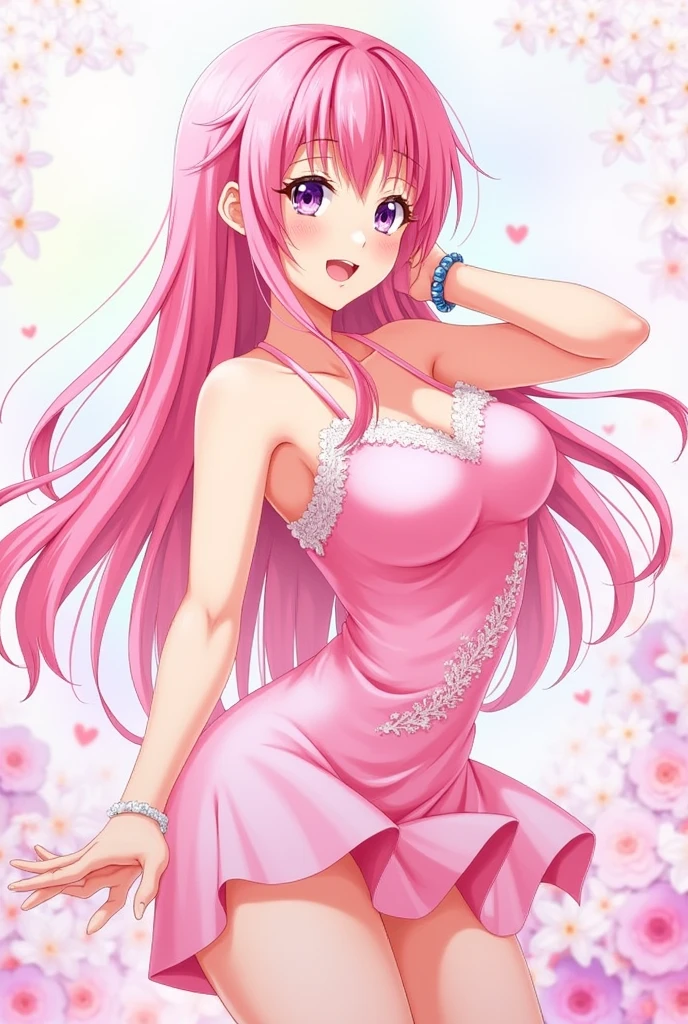 Anime girl,Pink haired,With an expression of pleasure on his face,holding her breasts with both hand