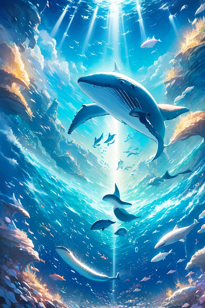 (Highest quality、Highest quality:1.3)、 (seabed:1.5)、 dim、Rays of light shine in、bubble、 fish、In the water、Fantasy、Mysterious Whale、(There is one whale:1.5)