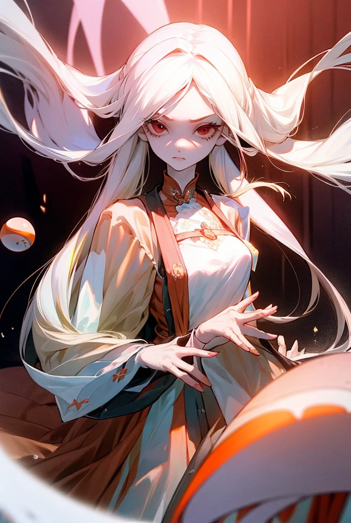 1girl, Solo, Looking at viewer, Absurdly Long Hair, White Hair, Hime Cut, Symmetrical Bangs, Sidelocks, Breasts, Albino, Pale Skin, Red Eyes, White Eyelashes, White Eyebrows, Ball Jointed Limbs, Ball Joined Doll, 