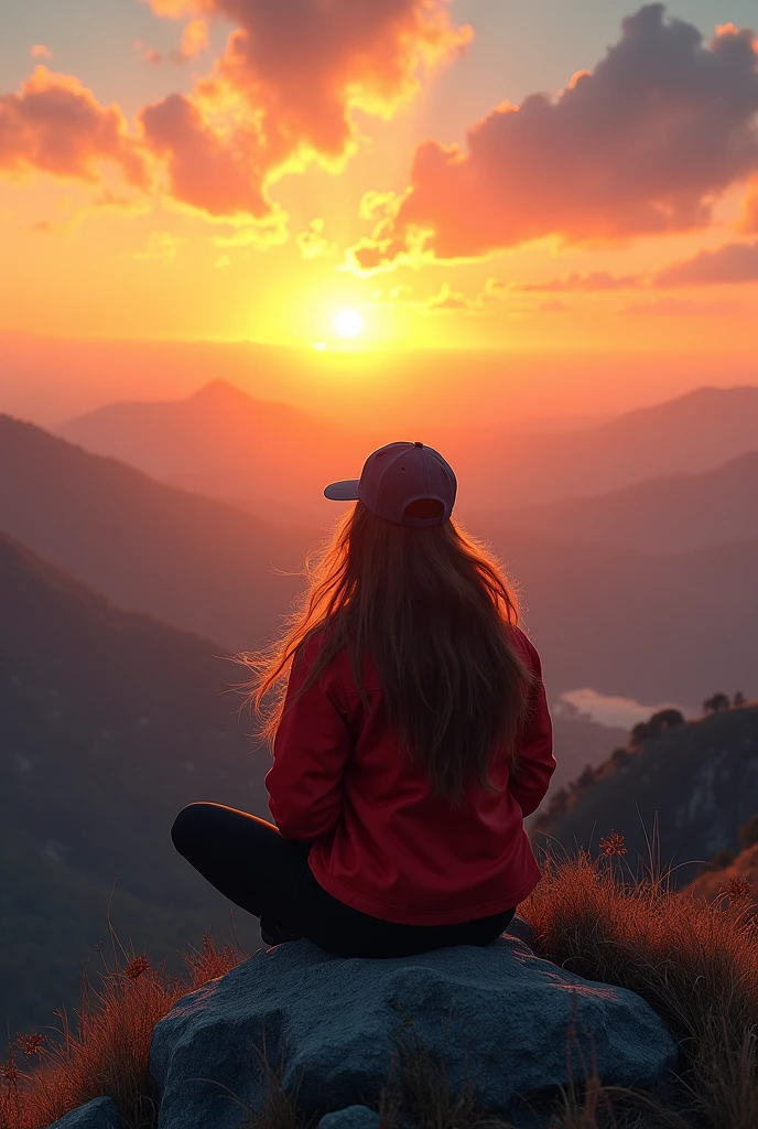 Photo of a woman sitting with her back to the camera on a peak watching ...