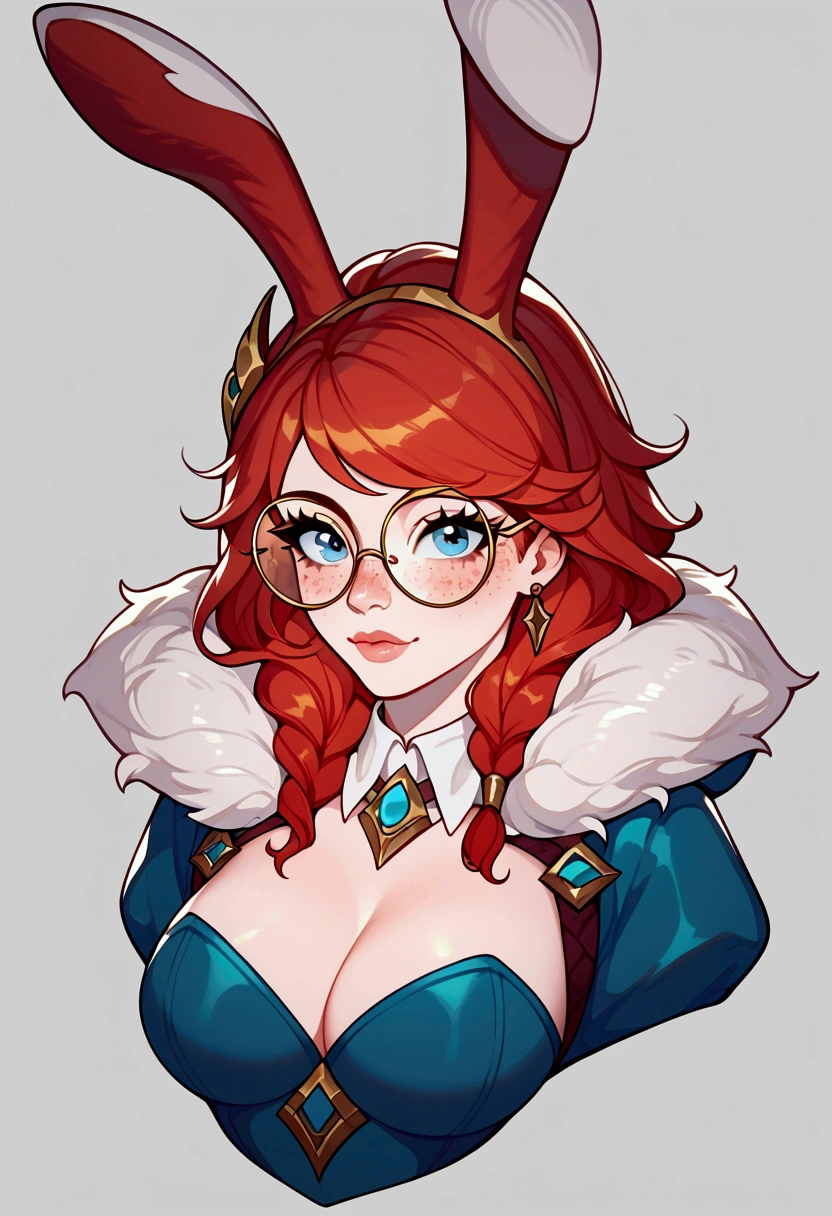 score_9, score_8_up, score_7_up, Aurora (League of Legends), 1 girl, blue eyes, red hair, freckles, bunny ears, round glasses, sexy, full body, Hermione Granger cosplay, squinty eyes, earrings, long eyelashes, sexy, big bust, beautiful face,