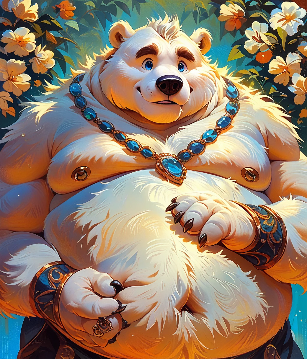 style of Clyde Caldwell, (cute, fat, obese, anthro, male, polar bear), hires textures, highly detailed, intricate details, best quality, masterpiece